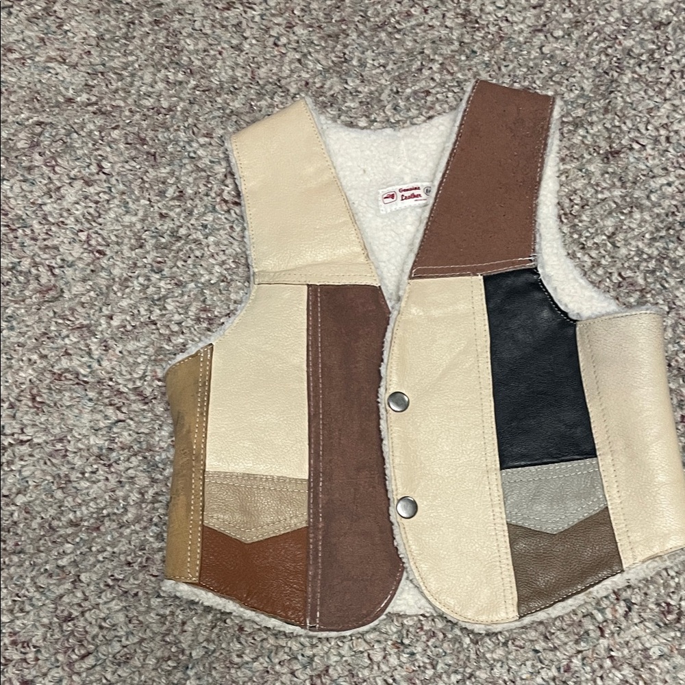 Vintage Colorblock Leather Vest with fleece lining -